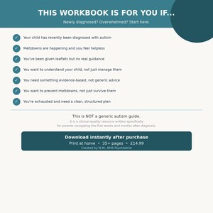May include: A white workbook with teal accents and text. The title reads "THIS WORKBOOK IS FOR YOU IF..." followed by a list of situations. The bottom section says "Download instantly after purchase" and lists the page count.
