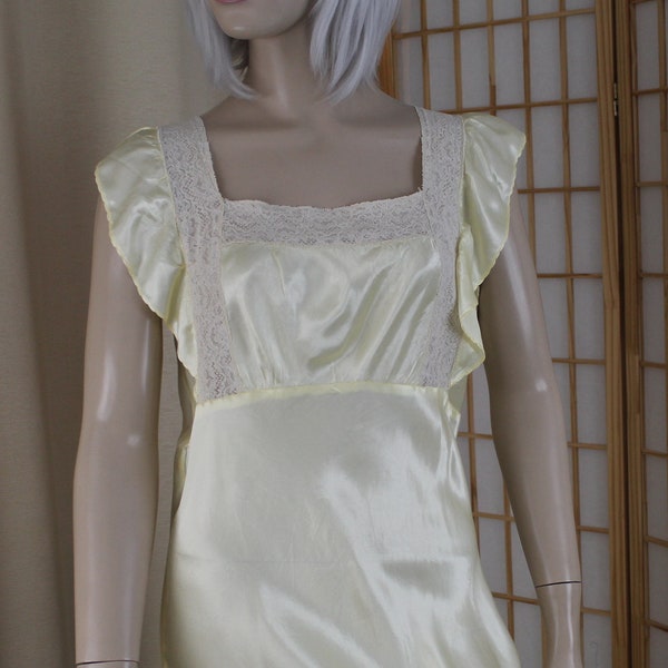 Vintage 1930's 40's Yellow Satin Long Nightgown Size S/M