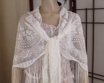 Vintage White Luxury Floral Piano Shawl w Fringe Embossed Flowers