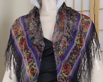 Vintage Fringed Scarf/Small Shawl with Fringe, Painted