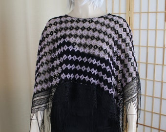 Vintage Poncho Style Black/Purple Lace Shawl Wrap With Fringe