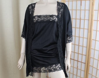 Vintage Zweiteiler Cami & Robe Set Schwarz Nylon Grösse S