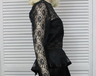 Vintage Dress Black Lace and Rhinestone Dress 1980's Peplum Gunne Sax