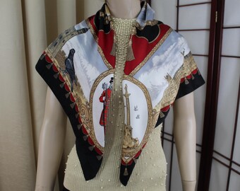 Sciarpa vintage con scene britanniche, nera, rossa e oro, 35" quadrati