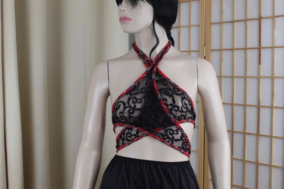 Vintage Strappy Wrap Around Red Tartan/Black Lace… - image 1