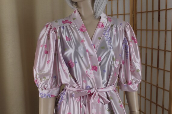 Vintage Lorraine Pink Satin Floral Robe Size Large - image 6