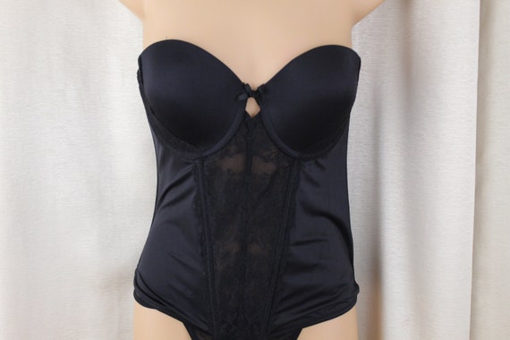 Vintage Maidenform Long Line Bra Black Satin/lace Strapless Size