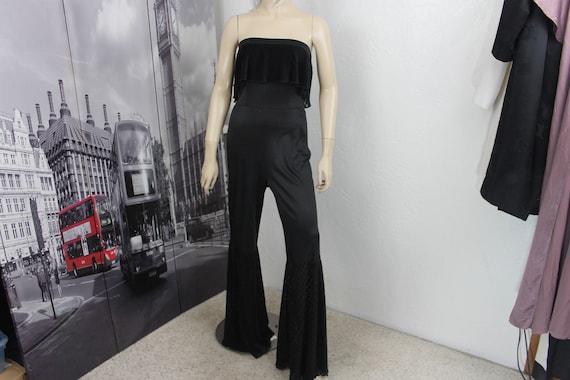 Vintage Black Jumpsuit Bell Bottoms Black Nylon S… - image 3