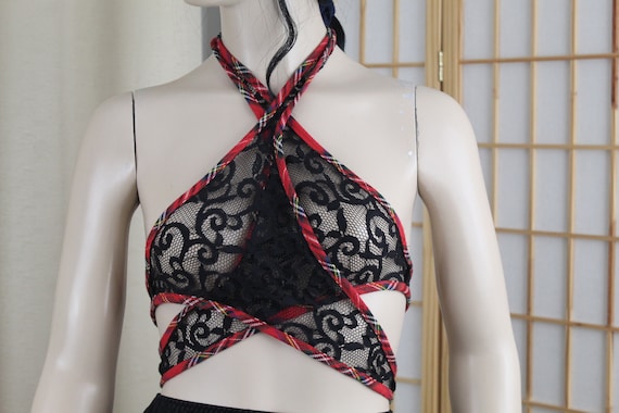 Vintage Strappy Wrap Around Red Tartan/Black Lace… - image 2