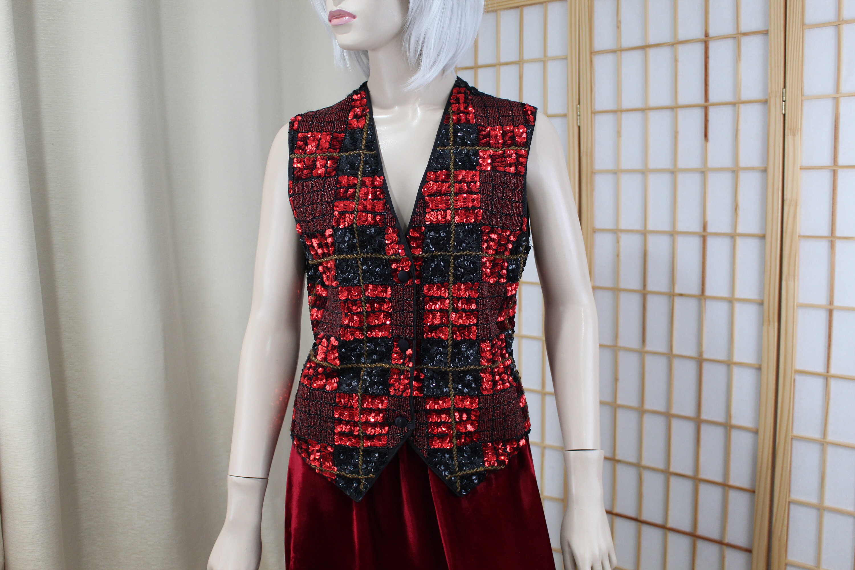 old beautiful pattern vest(red×black) Vintage 80s 90s Red/black Plaid Vest, Preppy Plaid Vest