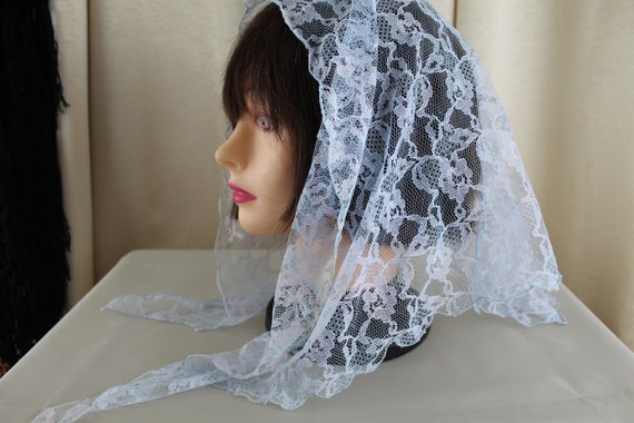 Vintage Pastel Blue Lace Chapel Veil/Mantilla Veil - image 1