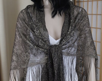 Vintage Lace Piano Shawl Black and Gold 1970s S/M/L Sparkly