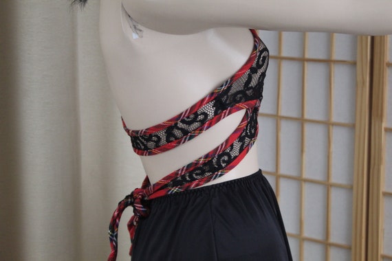 Vintage Strappy Wrap Around Red Tartan/Black Lace… - image 4