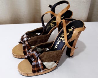 Vintage NINA Cork Platform Sandals, Peep Toe Heels, 1970's Size 8 1/2 AA