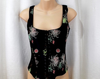 Vintage Gigi Clark RARE Gothic Bustier/Corset Top Silk/Rayon Size S/M Black Floral UROBORUS STUDIOS