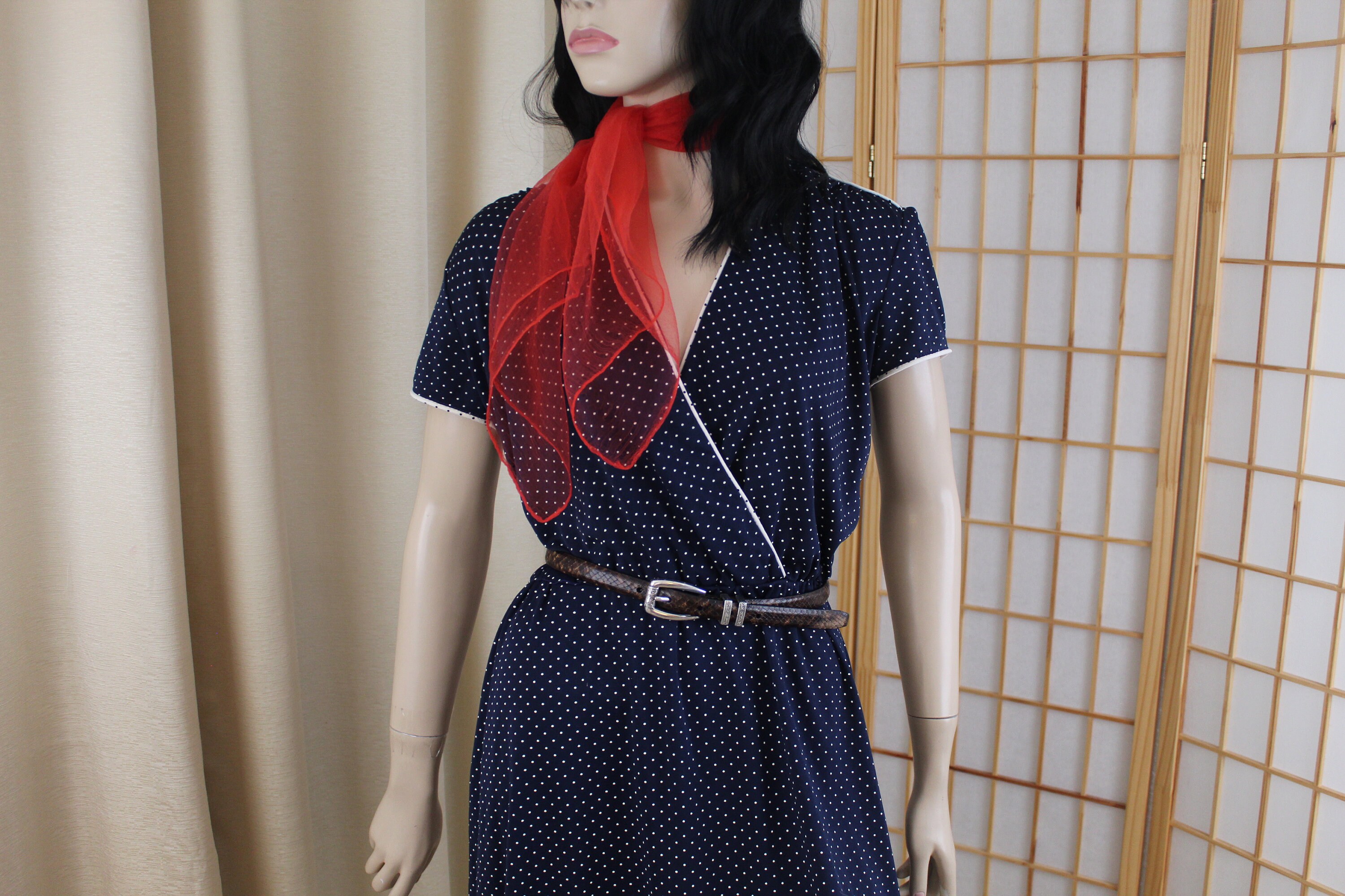 Vintage Opps California Blue Polka Dot Dress W Free Scarf Size 13
