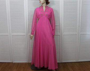 Vintage Beaded/Rhinestone Gown Hot Pink Chiffon 1960s Size Small/Medium