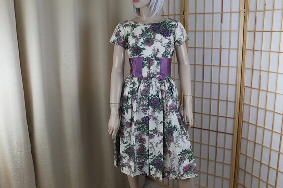 Vintage 1950s Floral Satin Taffeta Dress Size Sma… - image 1
