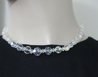 Vintage Necklace Laguna 1950s Crystal Choker Necklace Sterling Silver Chain Aurora Borealis