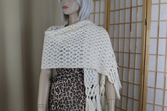 Vintage Long Scarf/Shawl Hand Made Crochet Off Wh… - image 1