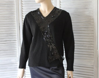 Vintage Womens Sweater Black Sequin  Designer  I.Magnin Size Medium