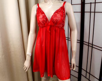 Vintage Red Short Nightgown Sheer w Sequins Size 1X