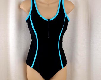 Vintage Black/Turquoise Blue One Piece Bathing Suit Size Medium (16)