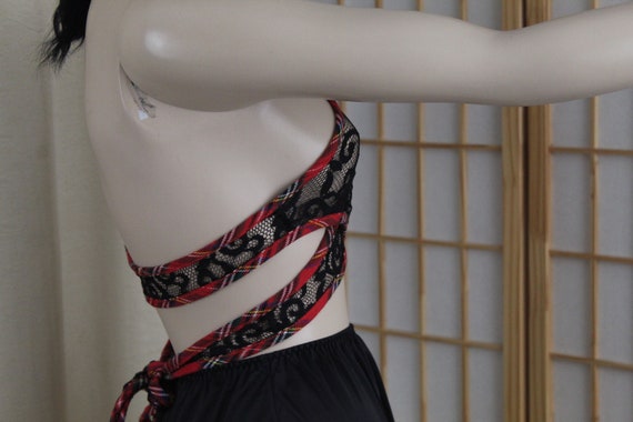 Vintage Strappy Wrap Around Red Tartan/Black Lace… - image 3