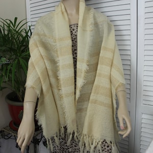 Vintage Hand Woven Beige Striped Shawl 1960s