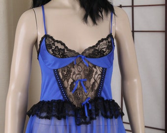 vintage Stroke of Midnight bleu transparent chemise de nuit en nylon taille S/M des années 1970