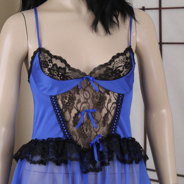 Vintage Stroke of Midnight Sheer Blue Nylon Nightgown Size S/M 1970's