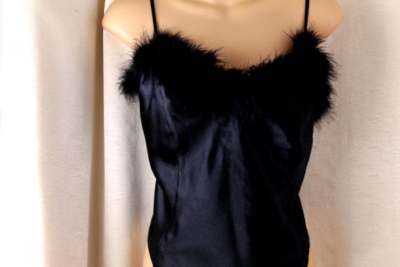 Vintage Solange Black Satin Marabou Basque/Teddie Size Large 14/16 'Removable Marabou'