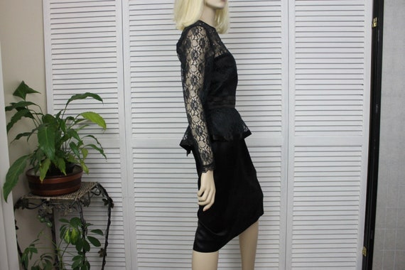 Vintage Dress Black Lace and Rhinestone Dress 1980's Peplum Gunne Sax
