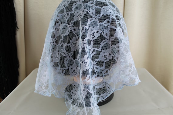 Vintage Pastel Blue Lace Chapel Veil/Mantilla Veil - image 2