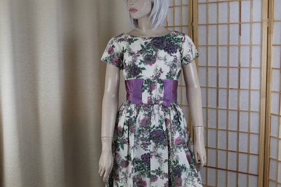 Vintage 1950s Floral Satin Taffeta Dress Size Sma… - image 4