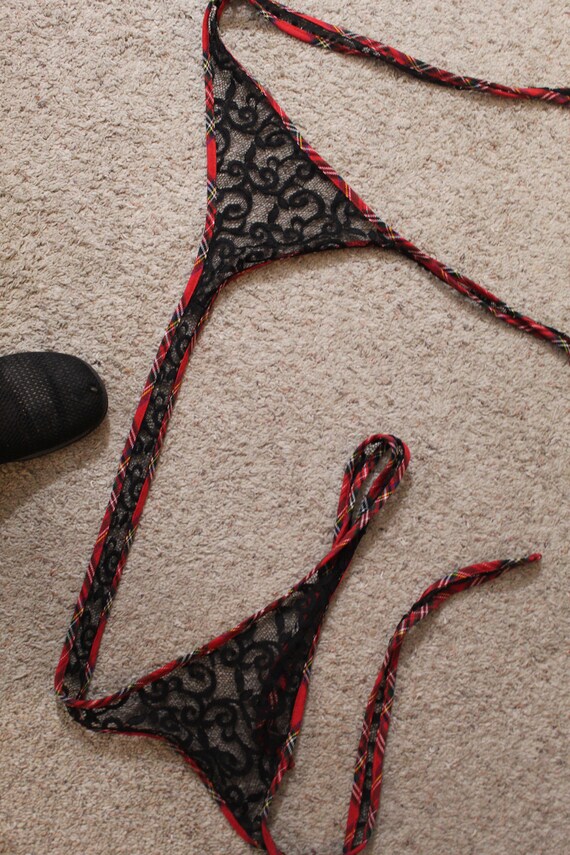 Vintage Strappy Wrap Around Red Tartan/Black Lace… - image 8