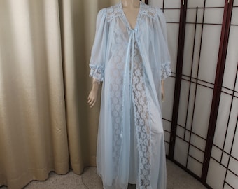 Ensemble chemise de nuit et peignoir bleu transparent Val Mode vintage, petite taille