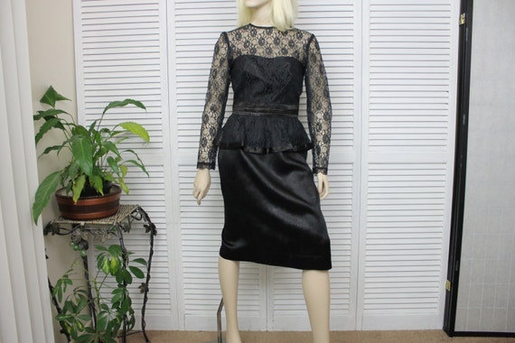 Vintage Dress Black Lace and Rhinestone Dress 1980's Peplum Gunne Sax