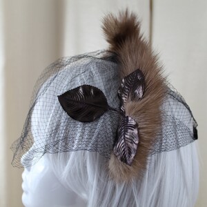 Vintage Mink Headband Hat With Bronze Leaves and Veil 1950s  display picture 2