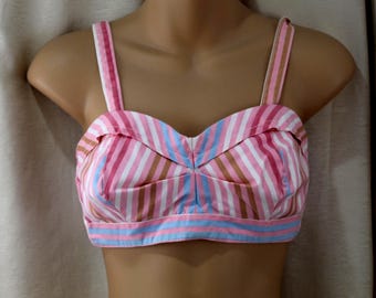 Top bikini vintage anni '60 senza spalline, rosa, taglia 36-38 B
