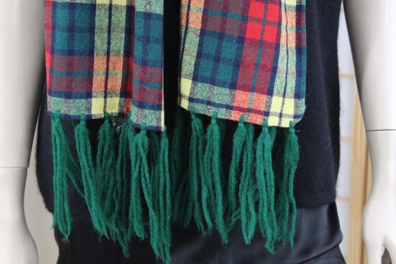 Vintage Wool Scarf Fringed Green Red Blue 1950's - image 2