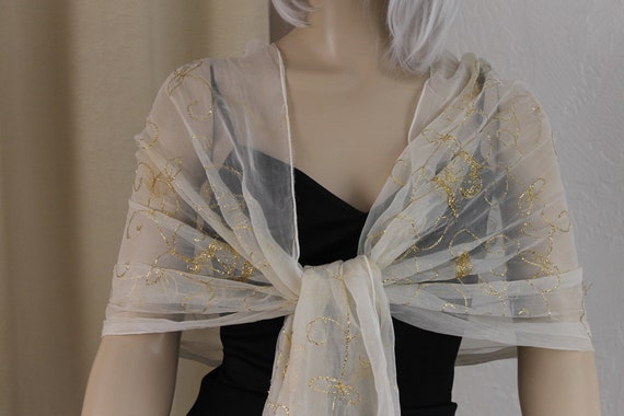 Vintage Beige Chiffon and Gold Metallic Silk Chif… - image 2