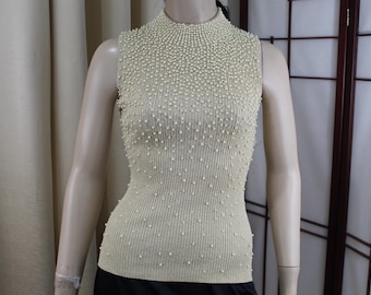 Top vintage senza maniche in seta beige lurex taglia S perle e perline
