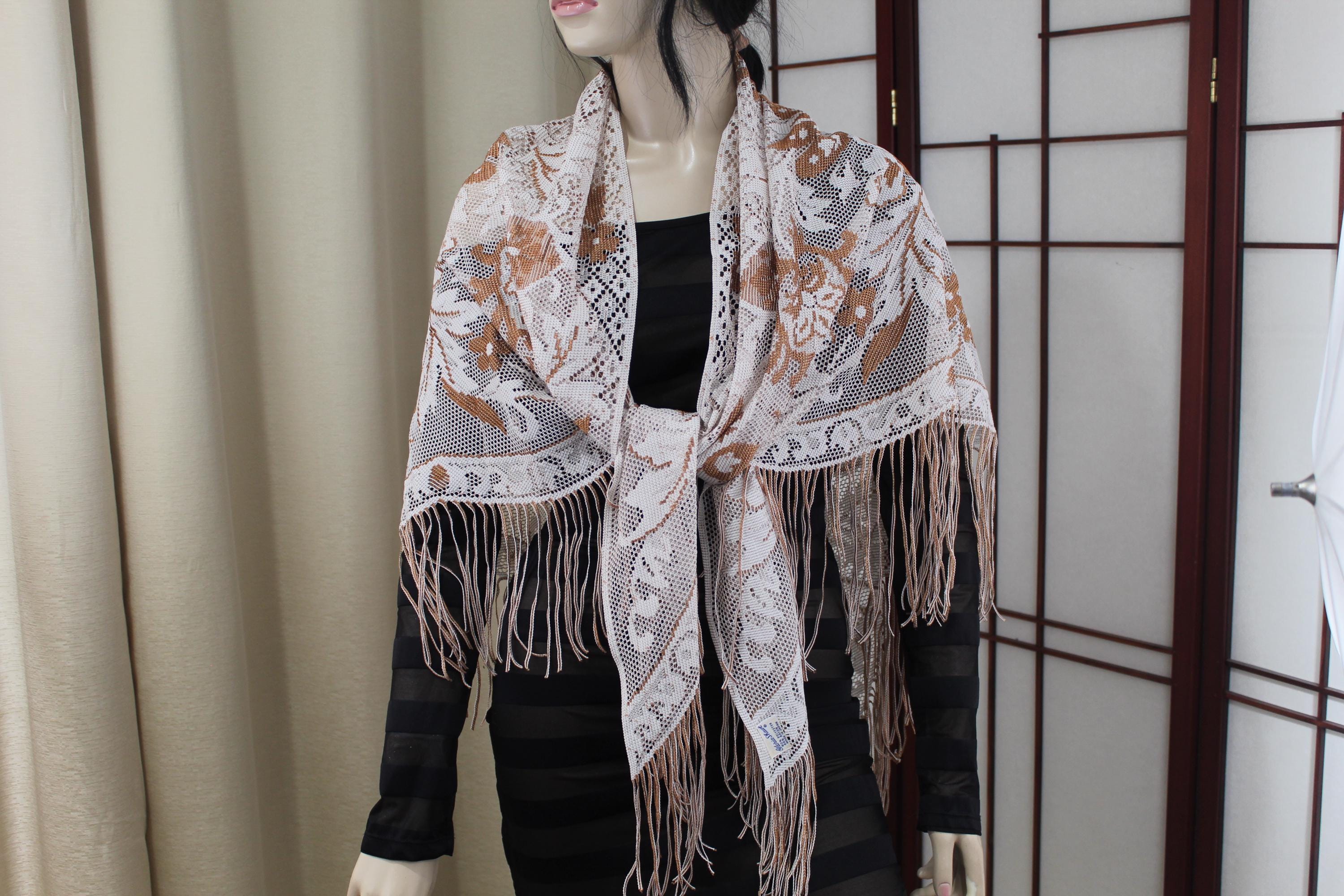 Vintage Gloria Shawe Lace Piano Shawl W Fringe Brown/beige 1950's