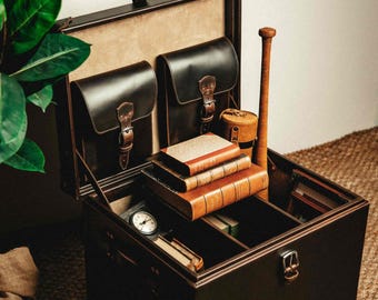 Baúl de almacenamiento de cuero hecho a mano, caja organizadora rústica con compartimentos, estuche de viaje, decorativo