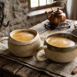 Könnte beinhalten: Zwei Keramikbecher mit dampfendem Kaffee stehen auf einem Holztisch. Die Becher sind beige mit gesprenkelten Mustern und runden Formen. Ein Kupferkessel und ein Holzlöffel sind ebenfalls zu sehen.