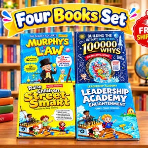 May include: A set of four children's books titled Murphy's Law, Building the Ultimate Brain for Kids 100000 Whys, Raise Children Street-Smart, and Leadership Academy Enlightenment, displayed with a stack of four small books labeled Dream, Learn, Grow, and Be Happy.