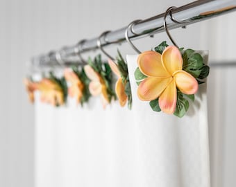 Orange Plumeria Shower Curtain Hook Covers: Hawaiian Bathroom Decor (Set of 12)