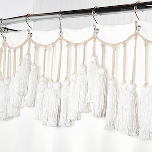 White Handmade Macrame Shower Curtain Hook Covers: Boho Bathroom Decor
