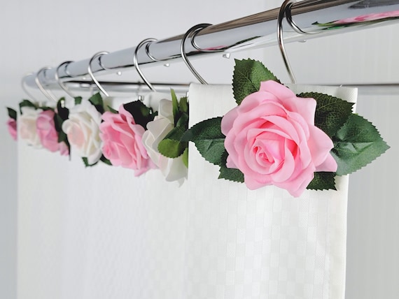 Pink & White Rose Real Touch Flower Shower Curtain Hook or Ring